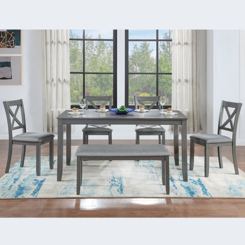6-Piece Gray Dining Set | Wooden Table + 4 Upholstered Chairs + Bench