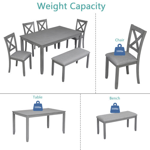 6-Piece Gray Dining Set | Wooden Table + 4 Upholstered Chairs + Bench