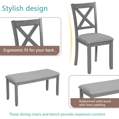 6-Piece Gray Dining Set | Wooden Table + 4 Upholstered Chairs + Bench