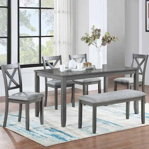 6-Piece Gray Dining Set | Wooden Table + 4 Upholstered Chairs + Bench