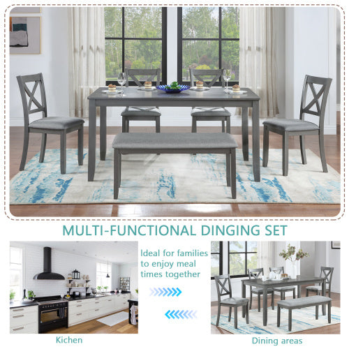 6-Piece Gray Dining Set | Wooden Table + 4 Upholstered Chairs + Bench